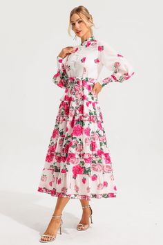 None Casual Long Sleeve Pink Maxi Dress, Pink Long Sleeve Maxi Dress For Vacation, Long Sleeve Summer Dresses With Rose Print, Pink Long Sleeve Spring Dress, Pink Long Sleeve Dresses For Spring, Pink Rose Print Midi Dress For Summer, Feminine Long Sleeve Pink Maxi Dress, Chic Pink Rose Print Maxi Dress, Feminine Pink Long Sleeve Maxi Dress