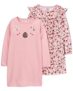 Kid 2-Pack Long-Sleeve Nightgowns - Carter's | Carter's Cute Floral Print Sleepwear For Pajama Party, Long Sleeve Floral Print Sleepwear For Sleepover, Cotton Long Sleeve Sleep Dress, Long Sleeve Cotton Sleep Dress, Casual Long Sleeve Bedtime Dress, Cute Long Sleeve Nightgown For Loungewear, Cute Long Sleeve Sleep Dresses, Floral Print Long Sleeve Nightgown For Sleepovers, Long Sleeve Floral Print Nightgown For Sleepovers