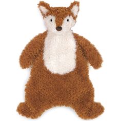 a brown and white stuffed animal laying on top of it's back legs in the shape of a fox