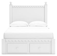 a white bed with two drawers underneath it and a headboard on the bottom side