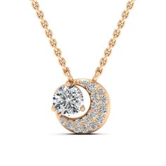 A pristine crescent moon pendant is pavé set with brilliant moissanites around a round moissanite solitaire on a cable link chain. Choose in your choice of Glacier White, Pure Pink or Celestial Grey color. Complete entire look with matching Earrings and Bracelet. Available in Sterling Silver plated in Platinum, Rose gold or Yellow gold . Also available in solid 14k White, Yellow or Rose gold. Elegant Moon Shaped Diamond Jewelry, Elegant Moon-shaped Diamond Jewelry, Elegant Round Necklace With Moon Charm, Elegant Round Moon Charm Necklace, Elegant Diamond Necklace With Moon Charm, White Gold Crescent Diamond Necklace For Gift, Diamond Necklace With Moon Charm For Anniversary, Elegant Crescent Diamond Necklace, Elegant Cubic Zirconia Jewelry With Moon Charm