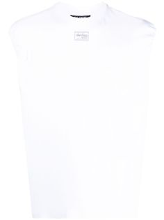 logo-patch sleeveless top from RAF SIMONS featuring white, cotton, logo patch to the front, round neck and sleeveless.