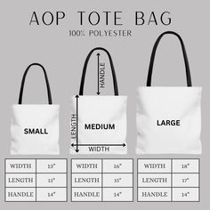 the tote bag size guide is shown in three different sizes and widths, with measurements