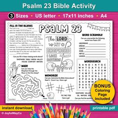 the bible coloring book for kids is shown with colored pencils and crayons