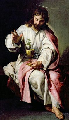 a painting of jesus holding a cup in his right hand and looking down at the ground