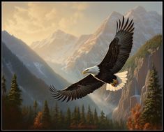 an eagle flying over a mountain range with trees and mountains in the background