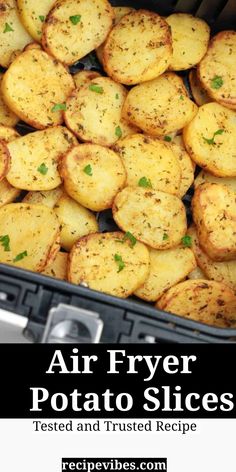 air fryer potato slices in an oven with text overlay