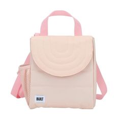 a small pink bag with a handle on the front and shoulder strap, it has a white