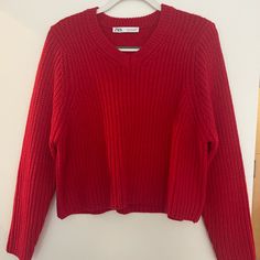 Zara Red Knit Sweater. Medium. Hugh V Neck. Never Worn Or Washed Red Long Sleeve Cropped Sweater, Casual Red Cropped Long Sleeve Sweater, Red Ribbed Sweater For Spring, Trendy Red Long Sleeve Cropped Sweater, Casual Red Cropped Sweater For Winter, Red Chunky Knit Top, Red Knit Cropped Sweater With Long Sleeves, Casual Red Chunky Knit Top, Cozy Zara V-neck Sweater