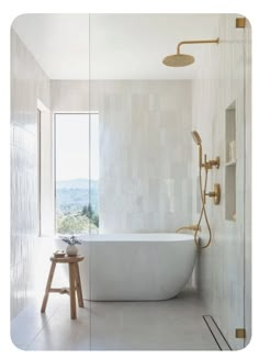 a white bath tub sitting next to a walk in shower under a window with a wooden stool