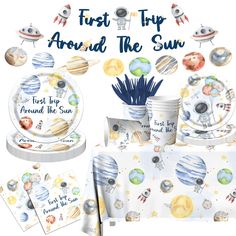 the first trip around the sun party kit includes plates, cups and napkins