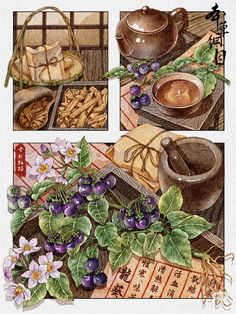 an image of chinese food with flowers and teapots on the table in watercolor