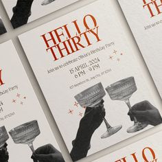 there are many cards that say hello thirty and have wine glasses on them with the words hello thirty