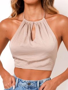 Gender: WomenType: TopsFeature: Solid, Bare Back, BeltedMaterial: PolyesterStyle: Casual/FashionColor: White, Green, Coffee Size: S, M, LPlease Note: All Dimensions Are Measured Manually With A Deviation Of 1 To 3cm. Beige Halter Top For Summer Nights, Solid Color Summer Top For Brunch, Summer Solid Color Top For Brunch, Solid Color Top For Summer Brunch, Summer Brunch Top In Solid Color, Beige Tops For Night Out In Spring, Beige Crop Top For Night Out, Summer Halter Top For Date Night, Beige Halter Neck Top For Day Out