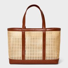 Caning Natural Tote Handbag - Universal Thread™ Brown Rattan Tote Bag With Adjustable Strap, Rattan Tote Shoulder Bag With Leather Handles, Woven Leather Rattan Tote Bag, Eco-friendly Rectangular Straw Bag With Top Carry Handle, Brown Straw Tote Bag With Gold-tone Hardware, Universal Thread, My Dream Came True, Natural Shades, Grocery Shop