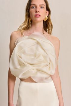 CULT GAIA ROSA TOP IN OFF WHITE Feminine Essence, A Single Rose, Bridal Wardrobe, Icon Clothing, White Elegance, Evening Flats, Single Rose, Organza Fabric, Cult Gaia