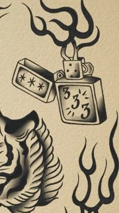 an ink drawing of a clock and shell with flames coming out of the bottom half