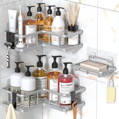 the bathroom shelves are organized with soaps, lotions and hand sanitizers