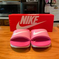 Nike Kawa Side Pink/White Flip Flops,Sandals New In Box With Tag Size 2 Y 3 1/2” Wide 9 1/4” Length Affordable Nike Flip Flops With Round Toe, Cute Non-slip Slides For The Beach, Cute Non-slip Slides For Beach, White Non-slip Slide Slippers, Cute White Beach Slippers, Cute White Open Toe Slippers, Pink Non-slip Slide Sport Sandals, White Non-slip Slides For The Beach, Cute Open Toe Slides For The Beach