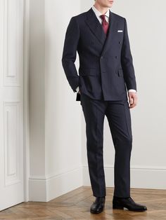 Navy And Light-grey Super 120s Wool, Jacket: Peak Lapels, Felted Undercollar, Functioning Buttoned Cuffs, Chest Welt Pocket, Two Front Flap Pockets, Double Vent, Three Internal Pockets, Fully Canvassed, Fully Lined, Trousers: Adjustable Side Tabs, Two Front Slash Pockets, Back Buttoned Welt Pocket, Partially Lined, Double-breasted Buttoned Jacket, Hook And Zip-fastening Trousers, 100% Wool; Lining: 100% Cupro, Dry Clean EXCLUSIVE AT MR PORTER. This double-breasted Kingsman suit has been made usi Mens Tailored Fashion, Power Suit Men, Italian Suits For Men Classy, Pinstripe Suits Men, Kingsman Suits, Double Breasted Pinstripe Suit, English Suit, Kingsman Harry, Broad Peak