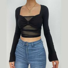 Mesh solid long flared sleeve ruched low cut crop top Coquette Grunge Aesthetic, Low Cut Crop Top, Colour Highlights, Bodysuits And Jeans, Long Halter Dress, Baby Tees Y2k, Square Neck Top, 90s Inspired, One Shoulder Tops