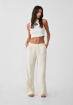 Loose-fitting linen blend trousers - Women's fashion | Stradivarius United States Chic High-waisted Viscose Pants, Linen Sweatpants With Elastic Waistband For Loungewear, Relaxed High-waisted Loungewear Pants, Loosely Fitted Viscose Ankle-length Pants, Viscose Straight Pants, Casual Viscose Bottoms, Chic Viscose Wide Leg Straight Pants, Chic Wide-leg Viscose Pants, Chic Straight Leg Wide Leg Viscose Pants