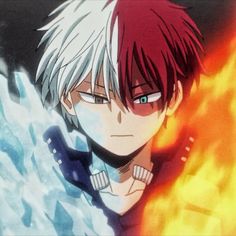 an anime character with red hair and blue eyes is in front of a blazing background