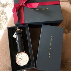 Daniel Wellington Rose Gold Male 38mm Watch. Brand New With Box. Leather Strap Classic Watch With Leather Strap As Gift, Timeless Gift Watch With Leather Strap, Classic Watches With Leather Strap And Round Case, Gift Watches With Diamond Hour Markers And Round Dial, Gift Watches With Leather Strap And Round Case, Elegant Black Watch Accessories With Box, Black Analog Watch For Gift, Black Analog Watch Accessories For Gift, Black Analog Watch As Gift