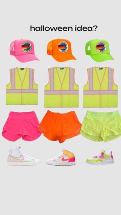 an assortment of neon colored clothes and hats with the words halloween ideas? on them