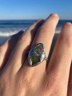 A handmade one of a kind ring made with two tiny pieces of nature I hand picked off the beach, a coral fossil and a piece of green sea glass soldered together using a soft solder freeform technique, on a .925 sterling silver ring band. The ring band is 3mm wide. The seaglass and fossil both have windows on the back in the metal to let light through Common fossils found on the Delaware bay where this was found (collected in North Cape May, NJ) are typically from the Cretaceous period and can rang Soldering Rings Diy, Soft Solder Ring, Soft Soldering Jewelry, Soft Solder Jewelry, Soft Soldering, Soft Solder, Seaglass Jewelry, Cretaceous Period, Silver Ring Band