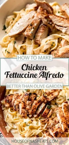 chicken fettuccine alfredo in a bowl with text overlay