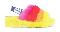 UGG Pride Fluff Yeah Slide Women's Slippers   Color: Pride Rainbow Yellow Women's Size: 8 US / 6 UK / 39 EU Style Number: 1112686   New in Box! 100% Authentic UGG Australia Sold out everywhere! Description: Fully covered and lined in sheepskin fur     Stretch UGG logo heel strap  1.5in. molded EVA rubber sole for indoor and outdoor use  100% authentic UGG Australia with hologram & QR code tag in left shoe.  Size tag inside right shoe may be marked in red pen to prevent in-store returns. All my i Fluff Yeah Slide, Striped Slippers, Ugg Slides, Sheepskin Slippers, Slide Slippers, Outdoor Slippers, Statement Shoe, Ugg Slippers, Slides Women