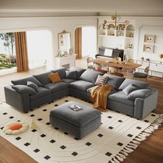 a living room filled with furniture on top of a hard wood floor covered in rugs