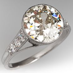 Art Deco Bezel Set Old Euro Diamond Engagement Ring Platinum 4.49Ct W-X/SI1 GIA 1920s Ring, Simple Diamond Ring, European Cut Diamond Ring, Engagement Ring Platinum, Peridot Jewelry, Diamond Ring Settings, Art Deco Engagement, Bead Set, Deco Engagement Ring