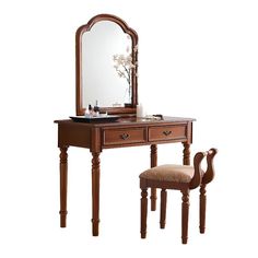 a wooden vanity with mirror and stool on top of the table, against a white background