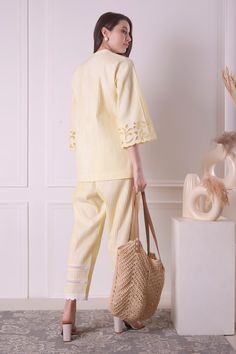 Yellow shirt with a cutwork hem and sleeves. Paired with a pant with lace work. - Aza Fashions Jayanti Reddy, Anamika Khanna, Rohit Bal, Tarun Tahiliani, Yellow Shirt, Luxury Sale, Yellow Shirts, Pants Pattern, Cut Work