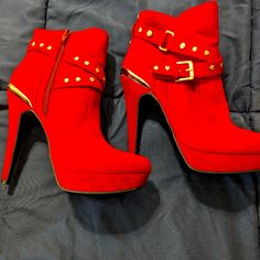 Beautiful Red Gbg Guess Booties, Never Worn Red Suede Heels For Party, Burgundy Ankle Boot Heels For Party, Red Platform Ankle-high Heels, Red Platform Heels Ankle-high, Red Ankle-high Platform Heels, Red Round Toe Heels For Fall, Ankle-high Heels With Red Sole For Fall, Fall Ankle-high Heels With Red Sole, Red High Heel Booties For Winter