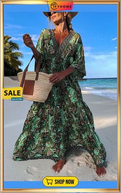 Paisley Print V Neck Bat Sleeve Maxi Dress Short Sleeve Maxi Dress For Beach In Fall, Short Sleeve Maxi Dress For Fall Beach, Short Sleeve Maxi Dress For Fall Beach Outing, Green Paisley Print Maxi Dress For Vacation, Green Casual Paisley Print Maxi Dress, Casual Patterned Beach Cover-up Dresses, Casual Green Paisley Print Maxi Dress, Casual Patterned Dress For Beach, Fall Paisley Print V-neck Maxi Dress