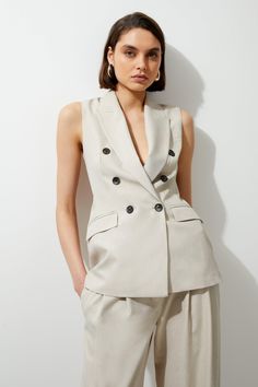 Melange Double Breasted Sleeveless Tailored Blazer Sleeveless Blazer With Buttons For Tailoring, Oversized Blazers For Women, Classic Sleeveless Single Button Blazer, Summer Fitted Blazer With Double-breasted Button Fastening, Elegant Tailored Blazer With Double-breasted Buttons, Sleeveless Blazer Outfit, Tailored Sleeveless Single-button Blazer, Sleeveless Blazer Dress, Petite Business Casual