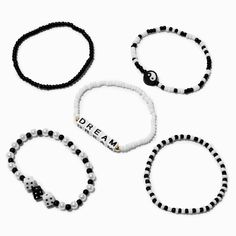 Claire's Black & White "Dream" Seed Bead Stretch Bracelets - 5 Pack Trendy Black Friendship Bracelets With Round Beads, Casual Black Stretch Bracelet With Letter Beads, Casual Black Friendship Bracelet With Black Beads, Casual Black Beaded Friendship Bracelets, Trendy Black Beaded Bracelets, Black Stretch Bracelet With Letter Beads, Black Stretch Bracelet With Letter Beads And Round Beads, Casual Black Friendship Bracelets With Round Beads, Casual Black Jewelry With Letter Beads