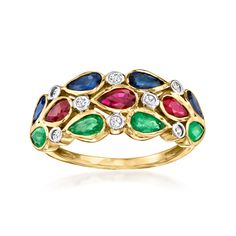 Ross-Simons - 3.40ct t. w. Multi-Gemstone Ring, .12ct t. w. Diamonds in 14kt Yellow Gold. Size 5. Elegant and of heirloom-quality, this fantastic three-row ring celebrates a trifecta of classic gemstones. An impressive 3.40 ct. tot. gem wt. pear-shaped rubies, emeralds and sapphires stack up in high style, with .12 ct. t. w. round brilliant-cut diamonds sparkling in between. Finely crafted in polished 14kt yellow gold. 3/8" wide. Diamond and multi-gemstone ring. Emerald birthstones are the perfe Emerald Birthstone, Multi Gemstone Ring, May Birthday, Ring Emerald, Birthstone Ring, Round Brilliant Cut Diamond, Gemstone Ring, Round Brilliant, Pear Shaped