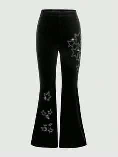 Geo Rhinestone Velvet Flare Leg Pants, School Black Casual   Fabric Geometric Flare Leg Medium Stretch  Women Clothing, size features are:Bust: ,Length: ,Sleeve Length: Goth Pants Png, Flare Jeans With Designs, Coquette Pants, Black Flared Leggings Outfit, Rhinestone Pants, Traje Cowgirl, Y2k Bottoms, Black Flared Jeans, Black Flared Leggings