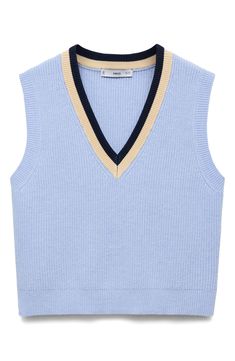 Channel vintage sporty style in this layer-ready sweater-vest highlighted with contrast colors at the V-neckline. V-neck 50% viscose, 28% polyester, 22% polyamide Hand wash, line dry Imported Sporty Vest Top For Fall, Blue Color Block V-neck Top, V-neck Color Block Top For Layering, Blue V-neck Tank Top For Fall, Sporty Style, V Neck Sweater, Sweater Vest, Vneck Sweater, Contrasting Colors