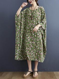 Sku CY-!89390 Material >70%Cotton Style Loose , Batwing Sleeves Feature Floral Printed Neckline Round-neck Occasion Going out , Casual , Vacation , Vintage Seasons Spring , Summer Type Midi Dresses Color SAME AS PICTURE Size FREE SIZE Please consult the size chart we provide for this item's measurements to help you decide which size to buy.Please note: There may be 1-3cm differ due to manual measurement.CMINCH Bust Length FREE SIZE 248 113 Printed Long Sleeve Relaxed Fit Dress, Cotton Floral Print Shift Dress, Green V-neck Relaxed Fit Midi Dress, Green Relaxed Fit V-neck Midi Dress, Green V-neck Midi Dress With Relaxed Fit, Green Shift Maxi Dress With V-neck, Floral Print Cotton Shift Dress, Green Cotton Shift Dress, Spring Free Size Printed Dresses