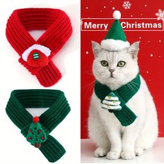 two knitted christmas scarves and a white cat wearing a green scarf with a santa hat on it