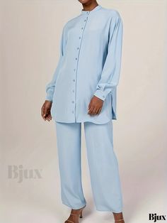 Bjux - Premium Plus Size Womens Elegant Outfit Set: Solid Long Sleeve Stand Collar Button-Up Shirt & Pants Two-Piece Set Lash Sets, Shirt And Pants, Outfit Set, Two Piece Sets, Elegant Outfit, Stand Collar, Types Of Printing, Button Up Shirts, Collar Styles