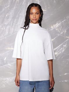 Oversized Fit Mock Neck Drop Shoulder Tee White Casual  Half Sleeve Knitted Fabric Plain  Medium Stretch  Women Clothing, size features are:Bust: ,Length: ,Sleeve Length: Mock Up T Shirt, Mock Neck Shirt, Drop Shoulder Tee, Womens Shoes High Heels, Women T Shirts, T Shirt Oversized, White Casual, White Shirt, Oversized Fits