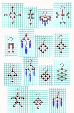 the cross stitch pattern for earrings is shown in red and blue colors, with beads hanging from them