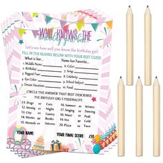 a birthday party game with pencils next to it