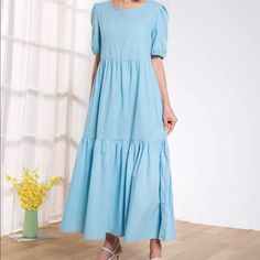 From Shein. Never Worn American Size 8/10 Color Baby Blue Spring Light Blue Solid Midi Dress, Blue Puff Sleeve Maxi Dress For Summer, Blue Solid Color Midi Dress For Daywear, Light Blue Cotton Maxi Dress For Spring, Casual Blue Puff Sleeve Maxi Dress, Modest Light Blue Spring Dress, Casual Blue Maxi Dress With Puff Sleeves, Blue Puff Sleeve Maxi Dress For Spring, Modest Solid Color Maxi Dress For Spring